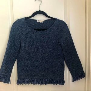 Maje blue tweed top with fringe trim size small